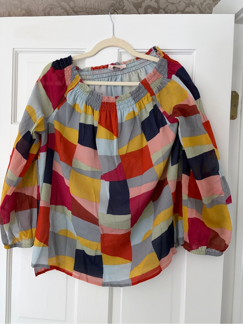Colorblock Peasant Blouse - Multicolor Geometric Print Tory Burch XL Puff Top